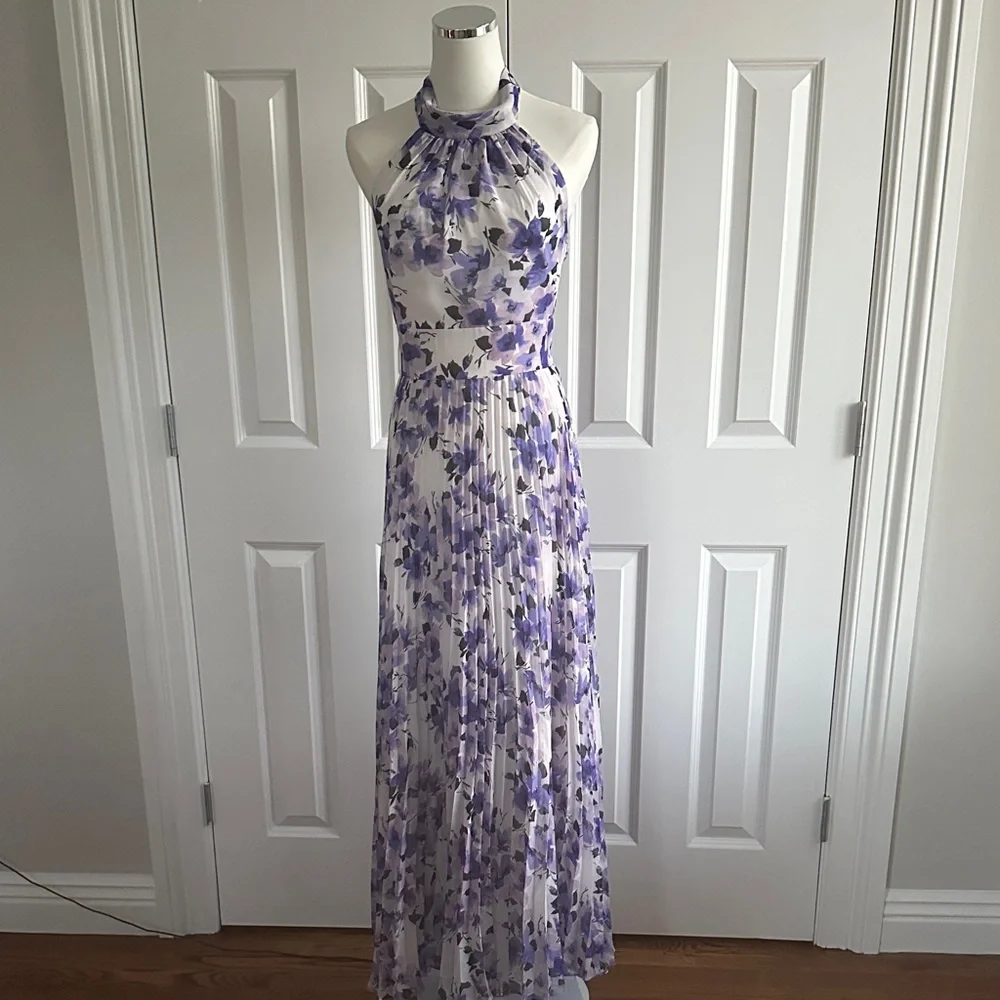 Eliza J Purple Floral Halter Tie Pleated Wedding Guest Party Maxi Dress Size 8 - Picture 1 of 16